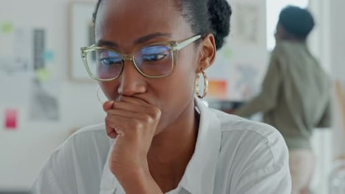 Stress, laptop and web design black woman of SEO, software and South Africa website company reading