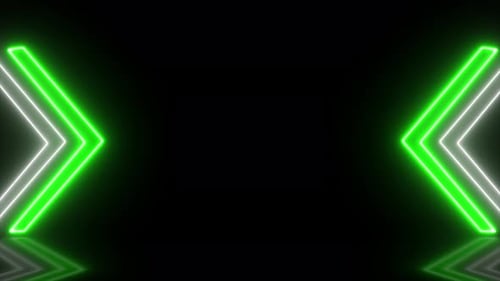 Green Neon Arrow two side arrow direction on black background, animation of glowing neon arrow flick