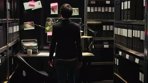 Woman Investigator Stands in Dark Cluttered Office