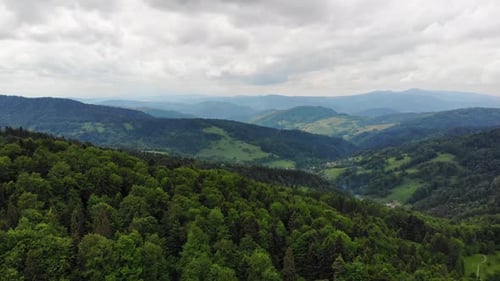 Scenic mountain forest landscape of Beskid Sadecki, Poland, aerial panorama