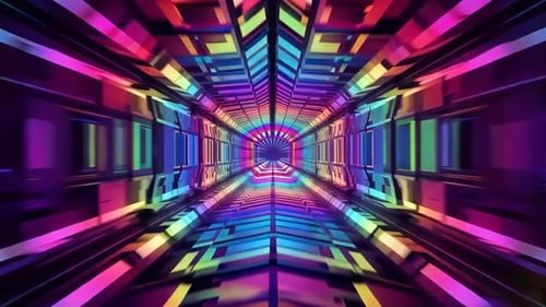 Animation futuriste en tunnel de science-fiction au néon arc-en-ciel