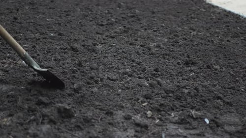 Young Woman Wearing Rubber Boots Loosens Soil Using Shovel