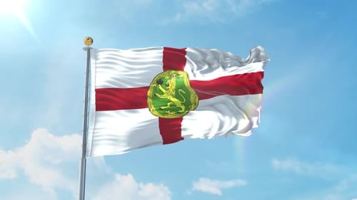 Alderney Flag Waving in Realistic Blue Sky Animation