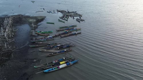 Aerial view of Boats on Limboto lake. Rowing boats drift over the waters of Lake Limboto