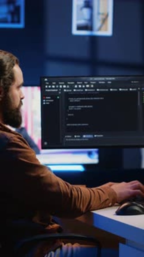 Man Working At Computer In Office Late At Night