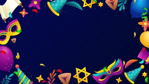 Animated Purim Celebration Frame with Masks and Party Elements