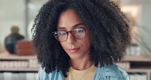 Glasses, research and businesswoman in office with reading online for creative project