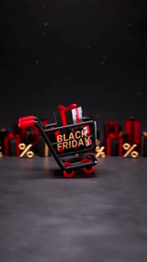 Animated Black Friday Sale with 3D Shopping Cart and Gifts