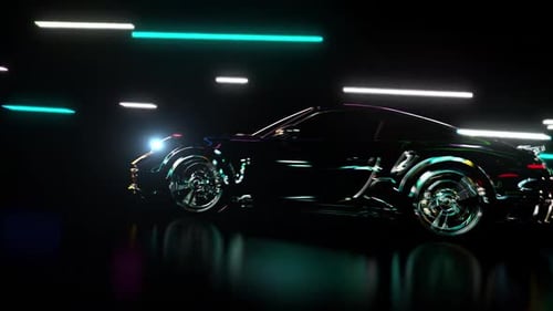 Futuristic Sportscar Driving Through Neon Light Tunnel