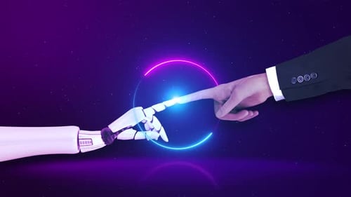 3D Futuristic Robot AI Machine Learning Robot and Human Hand Touching Big Data Global Internet