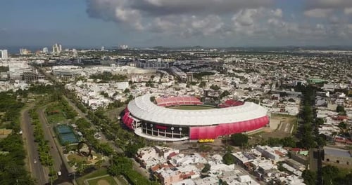 Orbital shot of the Mazatlan stadium and sports complex facility