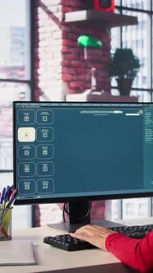 Vídeo vertical: desenvolvedor maduro, codificando computação em nuvem com AI Chatbot no PC