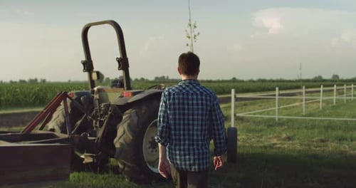 Medium Shot of a Handsome Middle-Aged Man Walking Towards a Tractor in a Green Field of C