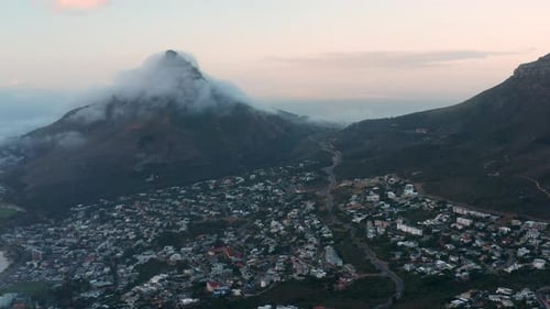 Low Clouds Around Lions Head, Cape Town, South Africa - aerial drone shot