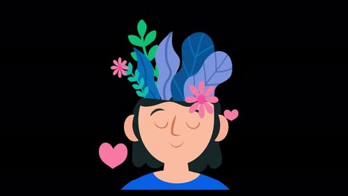 woman with flowers on her head, mental health animation 4k on alpha channel