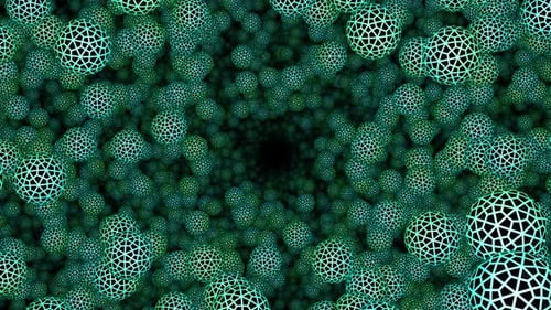 Abstract tunnel made of glowing wireframe spheres with turquoise grid patterns on a dark background