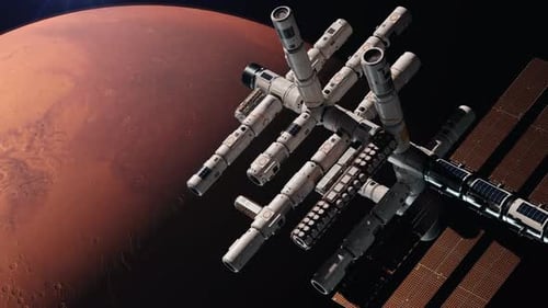 a space station in space orbiting mars. the concept of space travel and exploration