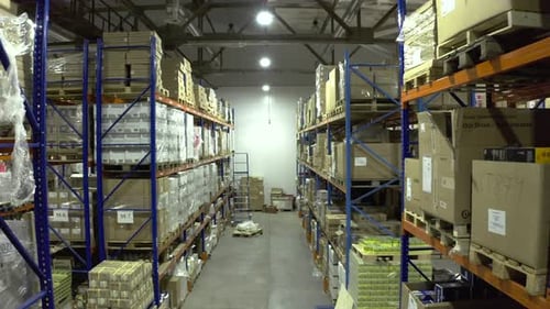 Aerial Fly Among the Racks with Goods