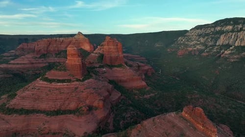 Famous Red Rock Buttes Of Sedona In Arizona, USA. aerial pullback