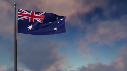 Realistic Waving Australian Flag on a Flagpole with Cloudy Sky