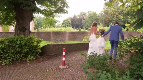 Rear View Of Newlyweds Walking In Outdoor Landscape - wide