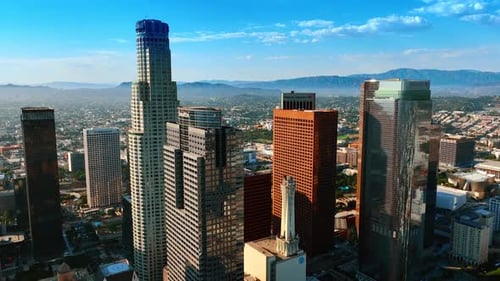 Several high-rise buildings in the financial center of Los Angeles, California, US.