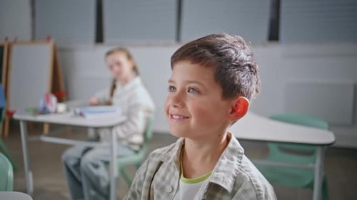 Cheerful Child Studying School Closeup Happy Smiling Boy Listening Teacher
