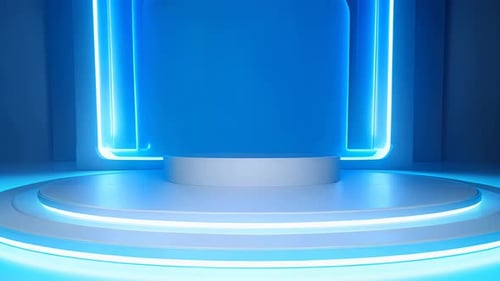 Futuristic Neon Blue Stage with Podium for Virtual Presentation Background