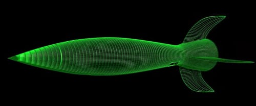 Green wireframe missile flying through space