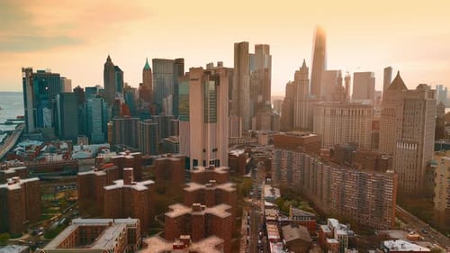Spectacular Manhattan in the light of bright setting sun. New York, USA.