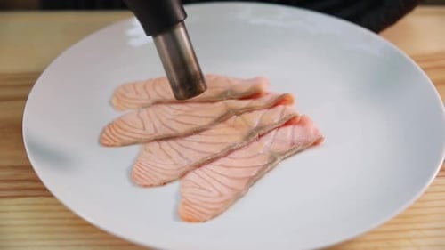 Searing Salmon with Culinary Torch, Close Up