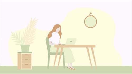 Woman working on laptop at desk office. Cartoon animation 2D