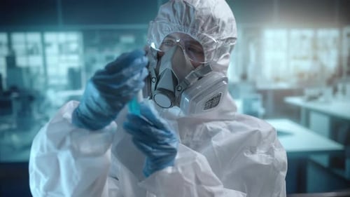 Laborwissenschaftler analysiert Pharmaschlauch mit Atemschutzmaske | Medizintechnik | Medizin