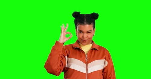 Green screen face, perfect and happy woman with okay gesture for feedback support