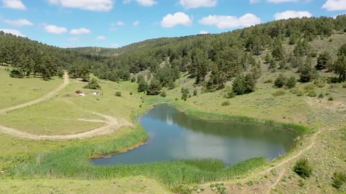 Aerial View Of Lake In Forest Area And People Camping By Lake