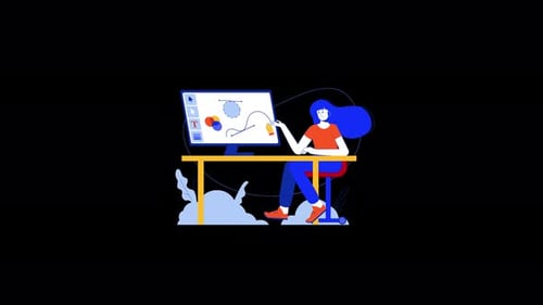 Young woman working on a digital design in a modern workspace.