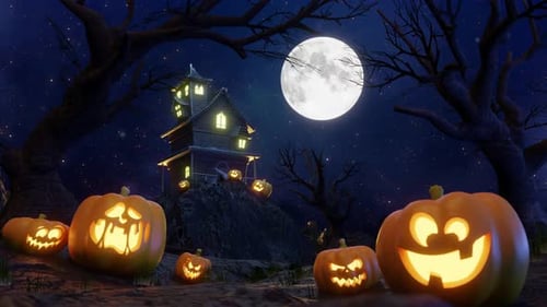Spooky Halloween Night Scene with Haunted House and Jack-o'-Lanterns Animation