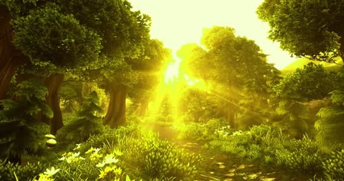 Golden Rays Illuminate a Serene Forest Path at Dawn in a Vibrant Landscape