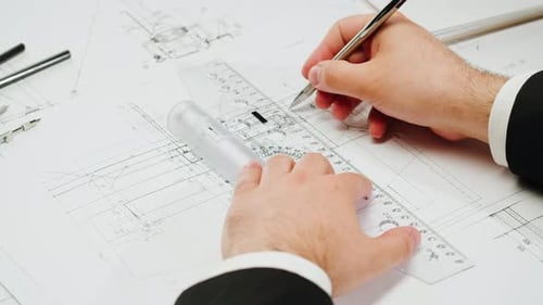 Architect Man Drawing Plan Blueprint Closeup