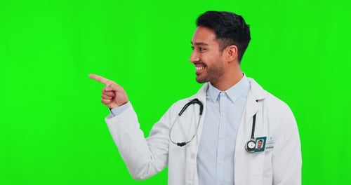Face, doctor and man with green screen, pointing or choice with promotion