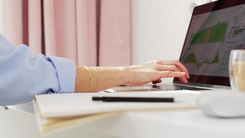 Female Hands Typing on a Computer in the Office Young Woman Working on a Laptop