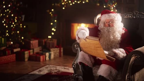 Santa Claus Reading Scroll by Fireplace at Christmas