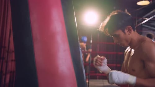 Asian active professional sport young man exercising in fitness gym.