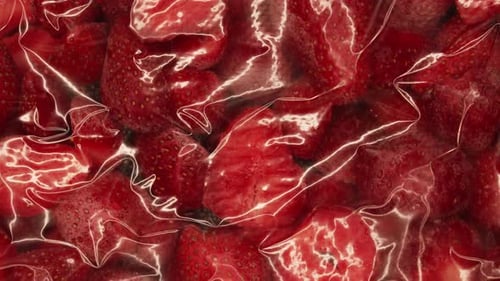 El dispositivo Packer aspira extrae el aire de una bolsa de plástico con congelador de rodajas de fresas frescas y orgánicas