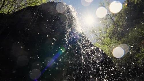 Cinematic View of Waterfall Stream in Cave and Lush Forest Static View