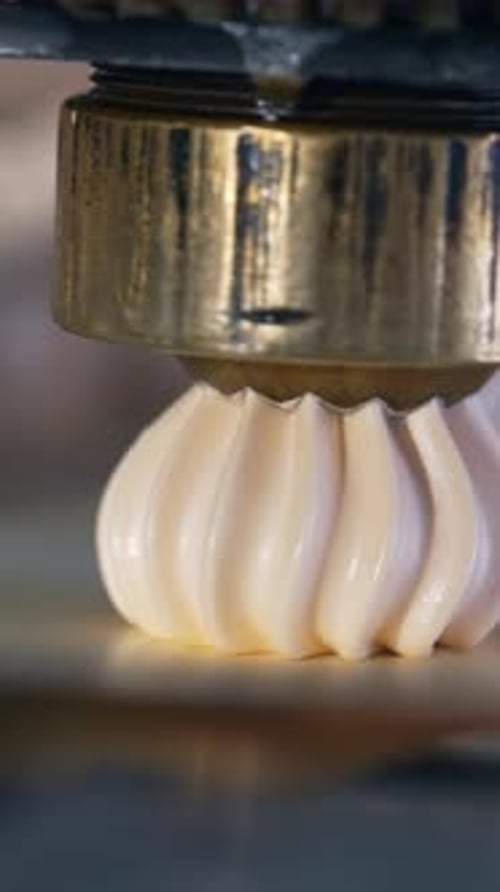Beautifully shaped zephyr desserts are deposited onto conveyor belt.