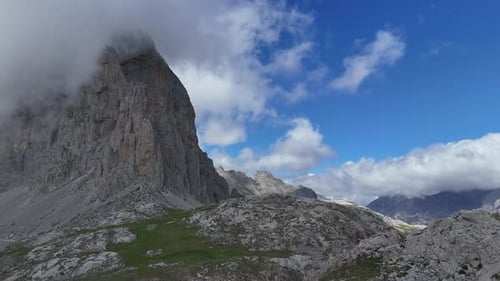 Blue sky and clouds Picos de Europa Spain high in mountains drone, aerial