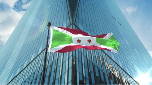 Burundi National Flag Waving with Modern Corporate Building Background