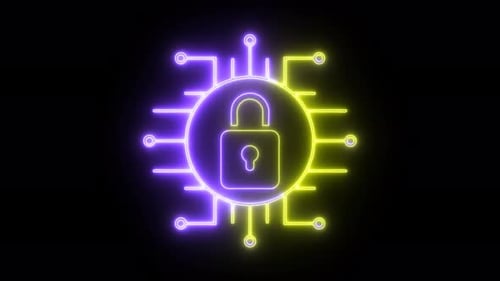Animated Neon Padlock and Circuit Board Reveal