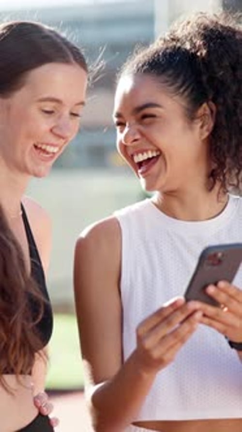 Laugh, phone and friends with tennis court for match, game or competition joke